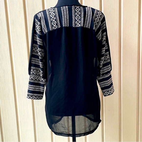 Anthropologie • Striving At Stars Blouse Top Tunic Black Sheer Tan Embroidery - Picture 2 of 9
